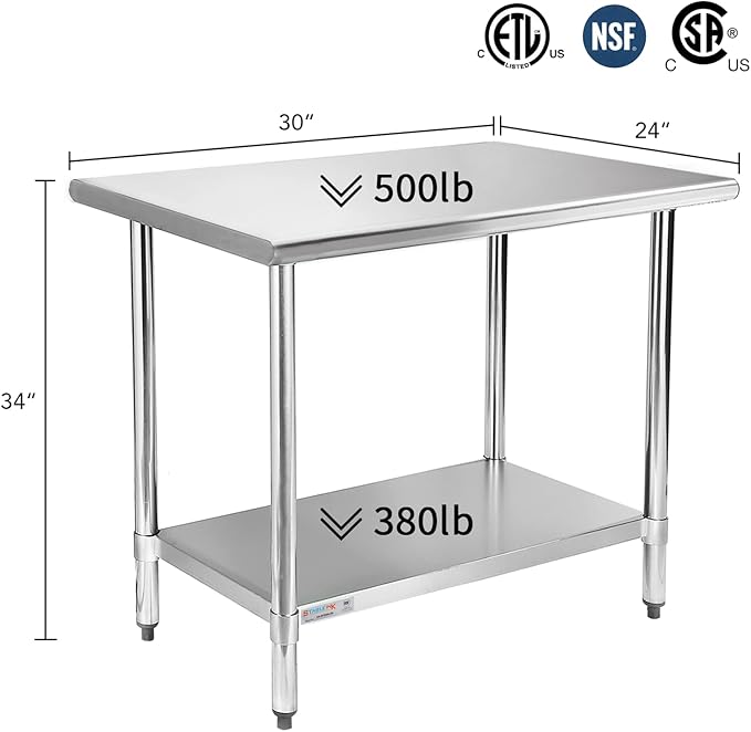 STABLEINK NSF Stainless Steel Table, 24 x 30 Inches Metal Prep & Work Table with Adjustable Undershelf, for Commercial Kitchen, Restaurant, Hotel and Garage