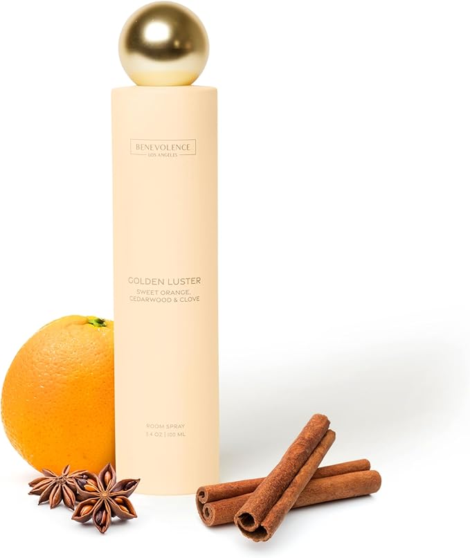 Benevolence LA Golden Luster Room Spray | Orange, Cedarwood & Clove | 3.4oz | Fall Home Fragrance, Pillow & Linen Spray | Low VOC, No Alcohol | Malibu Sands Collection