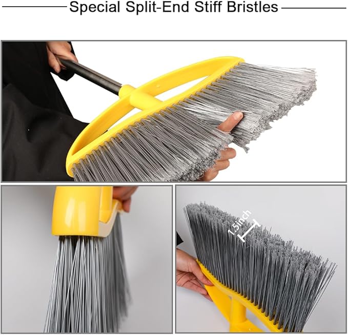 Long Handle Heavy Duty Broom and Dustpan Set, Outdoor and Commercial Upright Dustpan and Brush for Restaurant Garage Garden Yard Office, Yellow