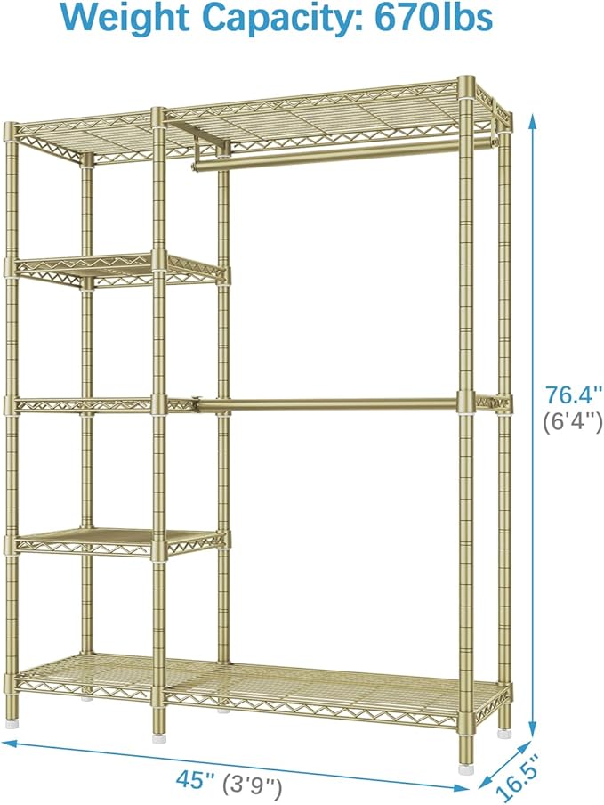 VIPEK V7 Clothes Rack Heavy Duty Max Load 670lbs, Garment Rack with 5 Tiers Adjustable Shelves Portable Closet Metal Sturdy Wardrobe Storage System for Walk-in Closet, Bedroom, Small Space (Gold)