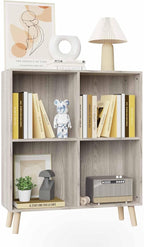 Lkeiyay Wooden 4 Cube Open Bookcase,2 Tier Mid-Century Bookshelf with Legs, Modern Storage Display Cabinet Organizer Bookshelves for Bedroom,Living Room,Office (Grey)