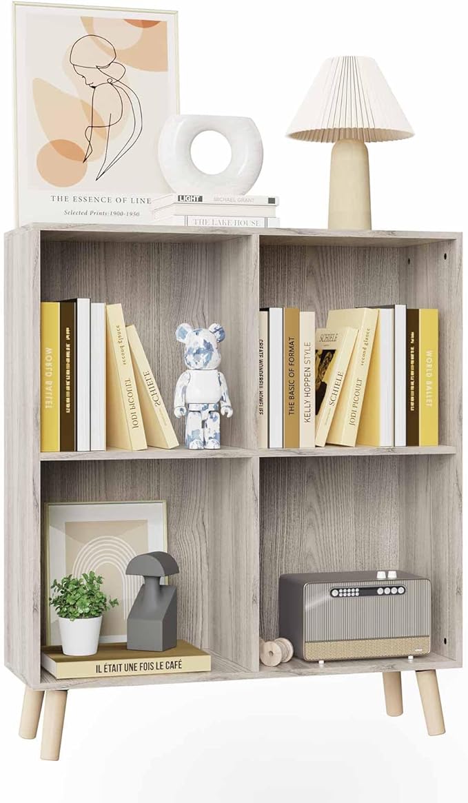 Lkeiyay Wooden 4 Cube Open Bookcase,2 Tier Mid-Century Bookshelf with Legs, Modern Storage Display Cabinet Organizer Bookshelves for Bedroom,Living Room,Office (Grey)