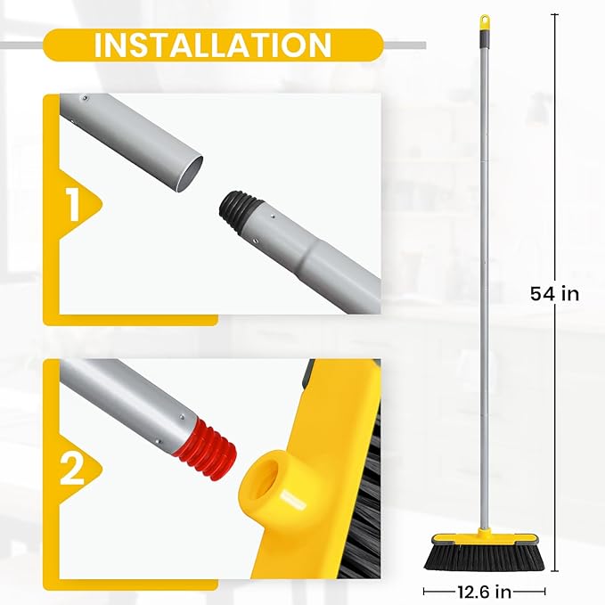 Yellow Indoor Broom 54" Long Handle House Brooms for Floor Cleaning Sweeping Broom for Kitchen, Garage, Lobby, Patio and Garden