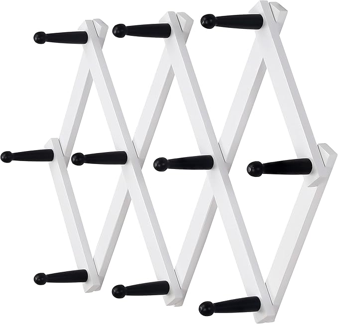 Dseap Accordian Wall Hanger: 16” High Wooden Wall Expandable Coat Rack, Hat Rack Holder, Accordion Hook for Baseball Caps, Coats, Mugs, 10 Peg Hooks, White & Black