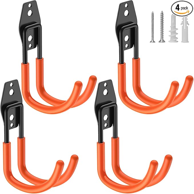 Heavy Duty Garage Hooks 4 Pack, J Shaped Hanger, Wall Mounted Storage System, Power and Garden Tool Organizer, for Hanging Ladders, Bikes Tires, Hose, Bulk Items