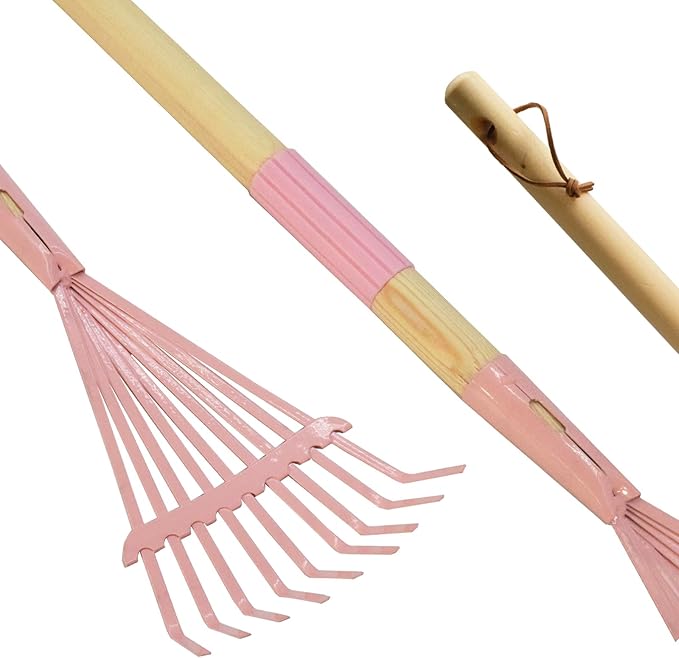 Kids Leaf Rake-Small Wooden Handle Leaf Rake with Metal Tines, 27inches /69cm Length, for Kids Enjoy Garden Cleaning Activities (Pink)