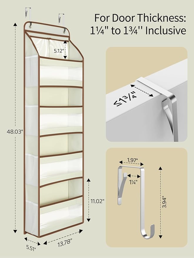 Yecaye 5 Tier 1Pc Over the Door Organizer, Swing-proof Door Organizer Hanging with Clear PVC Windows, Behind the Door Storage for Bedroom Nursery Closet Laundry Pantry Bathroom, Beige