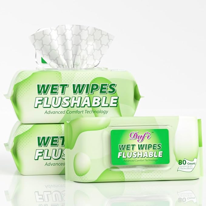 DAFI Flushable Wipes for Adult Wet Wipes, Total 240 Unscented Toilet Wipes Flushable, No Alcohol & 100% Plant Based Fibers, Septic and Sewer Safe Pack of 3