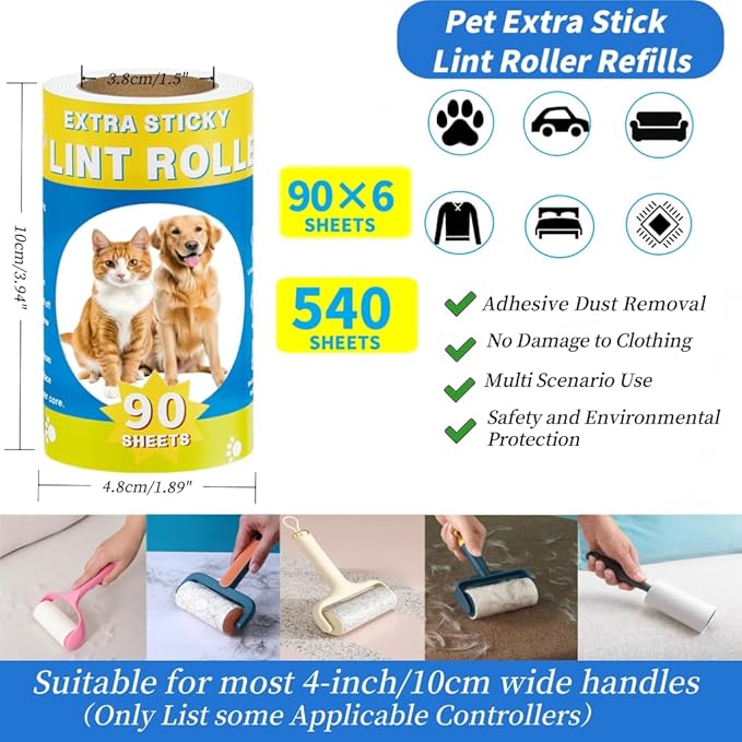 Lint Rollers Refills for Pet Hair Extra Sticky 540 Sheets Portable Pet Lint Remover for Clothes, Furniture, Carpet, Dog and Cat Hair Removal