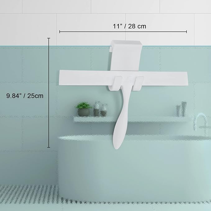 Squeegee for Shower Glass Door, 11-Inch Shower Squeegee for Glass Doors, Bathroom Silicone Squeegees Wiper for Shower with Non-Slip Handle, No-Drilling Silicone Hanging Hook, for Tiles, Mirror(White)