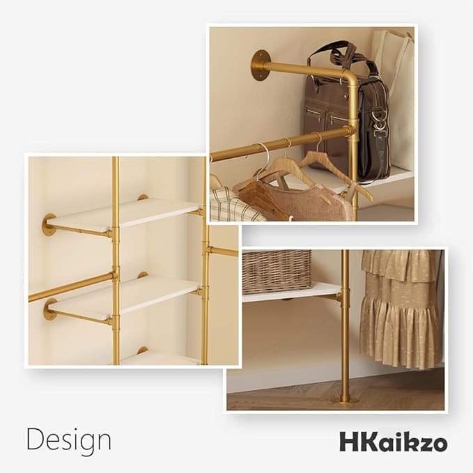Industrial Pipe Clothes Rack, DÉCOR Wall Mounted Clothing Rack, for Walk-in Wardrobe Multi-Purpose Storage Clothes Hanging Shelf, 2 Installation Methods Gold
