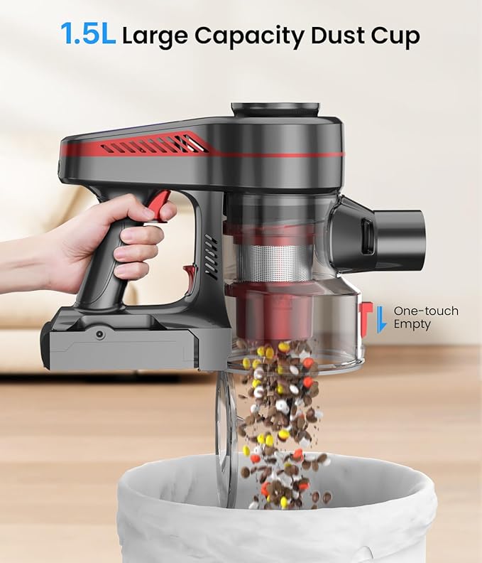 Cordless Vacuum Cleaner, Stick Vacuum with Powerful Suction, 45Mins Runtime Vacuum Cleaners for Home, Anti-tangle and 1.5L Dust Cup, 6 in 1 Lightweight Vacuum for Hardwood Floor Carpet Pet Hair