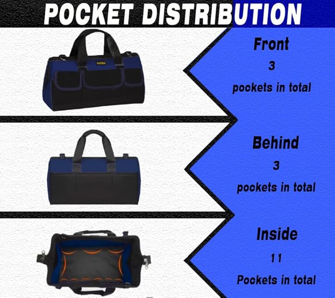 FASTECH 22 Inch Heavy Duty Tools Bag With Wide Mouth for Tool Storage, Carrier and Organizer, Tool Bag for Men/Women, Wide Mouth Tote Bag With Inside Pockets (22 Inch)