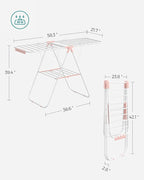 SONGMICS Clothes Drying Rack, with Sock Clips, Metal Laundry Rack, Foldable, Space-Saving, Free-Standing Airer, with 2 Height-Adjustable Gullwings, Indoor Outdoor Use, White and Pink ULLR052P01