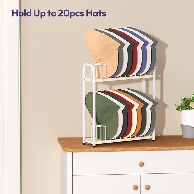 SWTYMIKI Hat Stand for Baseball Caps - 2 Tier Wood & Metal Tabletop Hat Organizer Storage Display Rack, Holds up to 20 Caps for Desk, Closet Shelf, Dresser (White)