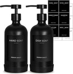 Black Glass Soap Dispenser with Stainless Steel Pump, 16.9 Fl oz Soap Dispenser Set for Kitchen, Matte Black Hand Dish Soap Dispensers for Kitchen and Bathroom, Lotion Dispenser Bathroom Decor