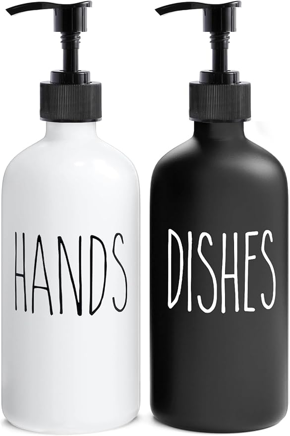 MOMEEMO Soap Dispenser Set 2 Pack, Contains Hand and Dish Soap Dispenser, Perfect for Black and White Kitchen Decor. (Black & White)