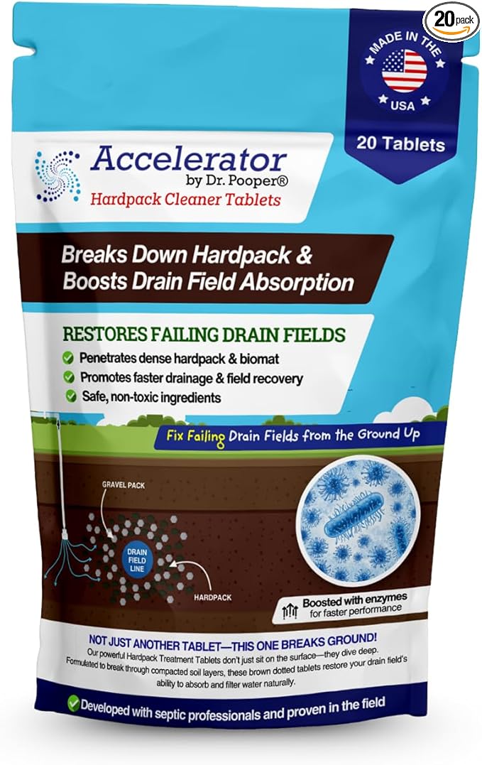 Accelerator by Dr. Pooper® – Hardpack Cleaner Tablets for Septic Systems | Breaks Down Hardpack & Boosts Drain Field Absorption | 20 Tablets - Use with our tool kit — available separately