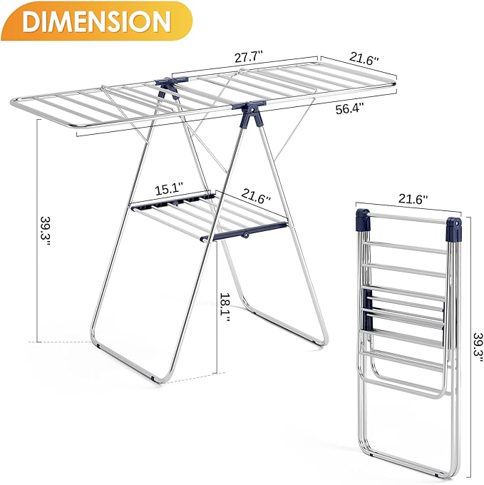 KINGBOARD Clothes Drying Rack, Laundry Drying Rack with Height-Adjustable, Foldable Gullwing for Easy Storage, No Assembly, Indoor Outdoor Use, 56.4" D x 21.6" W x 39.3" H, Blue