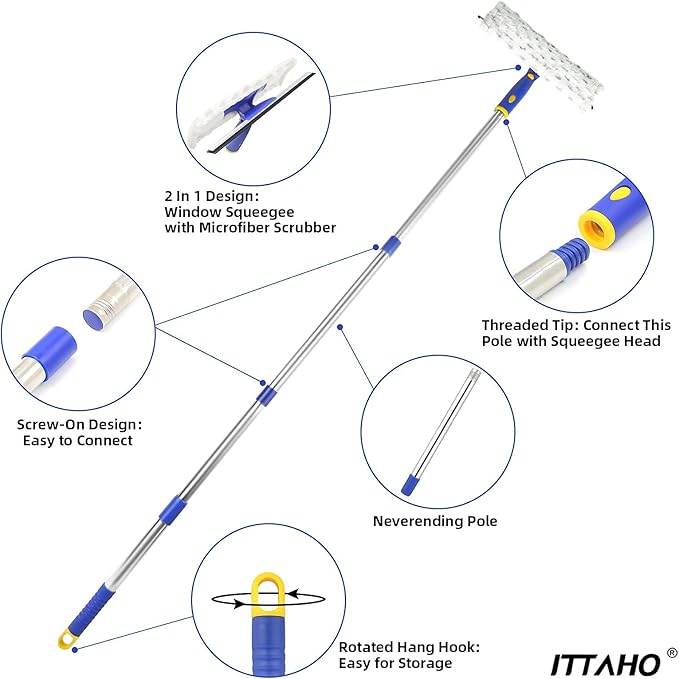 ITTAHO 53" Window Squeegee Cleaner, 2 in 1 Window Cleaning Tool Kit, Shower Squeegee with Extension Pole for Shower Glass, Indoor/Outdoor High Window Cleaning-Two Pads