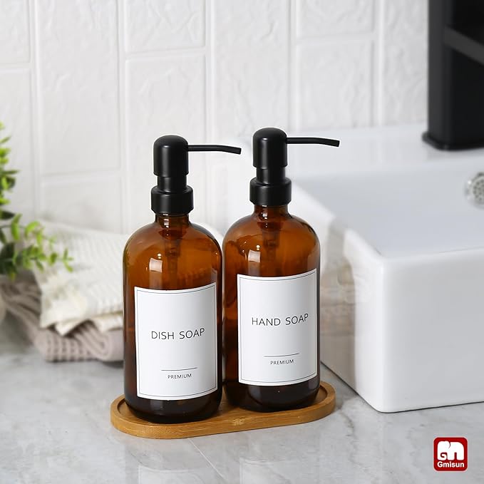GMISUN Amber Glass Soap Dispenser, 2 Pack Bathroom Hand Soap Dispensers with Bamboo Tray, 17 Fl Oz Kitchen Hand and Dish Soap Dispenser Set, Modern Vintage Liquid Brown Soap Dispensers Bottle