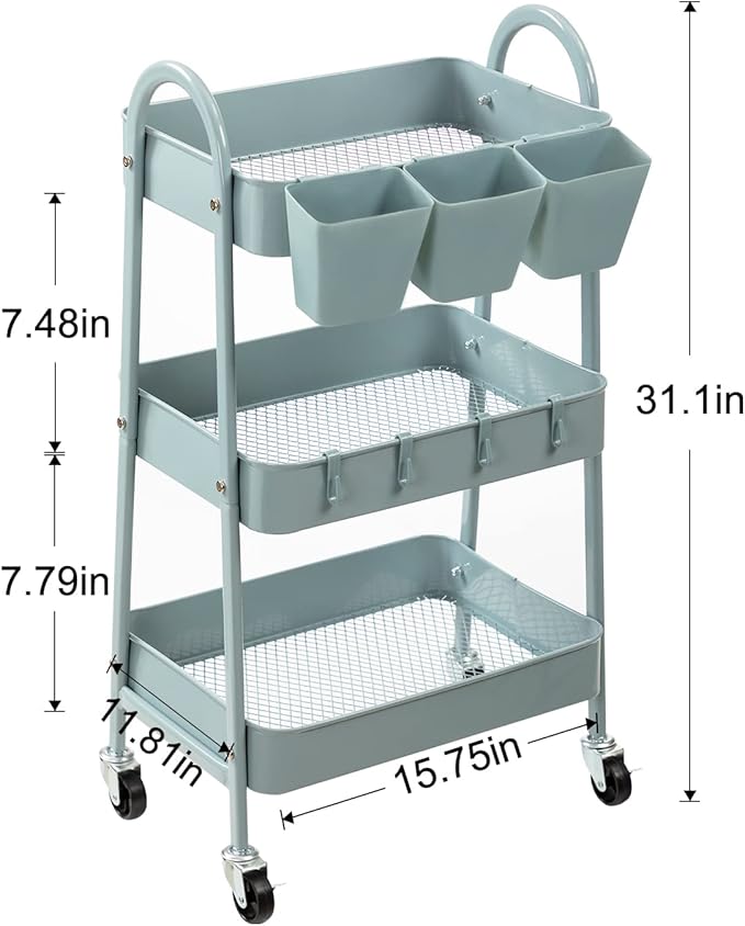 danpinera 3-Tier Rolling Cart, Metal Rolling Storage Cart with Lockable Wheels & Hanging Cups & Hooks, Mobile Trolley Cart for Kitchen, Bathroom, Office, Workshop, Gray Blue