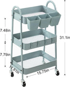 danpinera 3-Tier Rolling Cart, Metal Rolling Storage Cart with Lockable Wheels & Hanging Cups & Hooks, Mobile Trolley Cart for Kitchen, Bathroom, Office, Workshop, Gray Blue