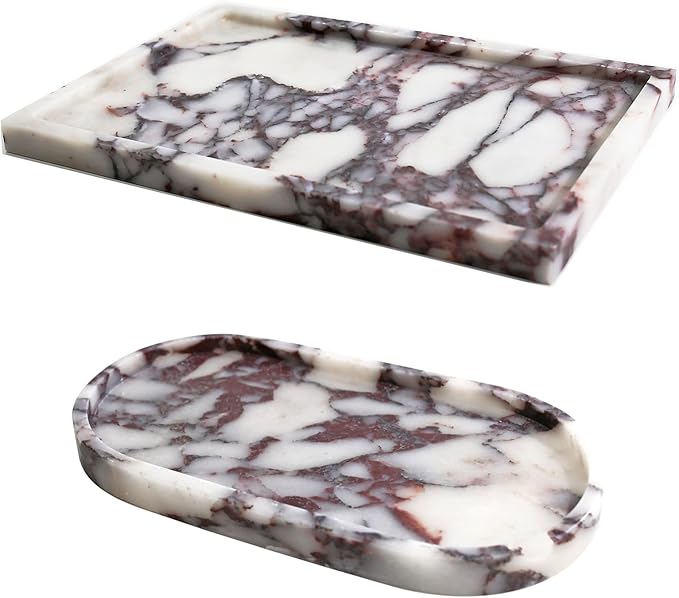 Real Luxurious Natural Marble Vanity Tray Genuine Marble Storage Tray for Home Decor Stone Tray for Bathroom/Kitchen/Vanity/Dresser Non-Resin/Non-Ceramic/Viola Oval Set