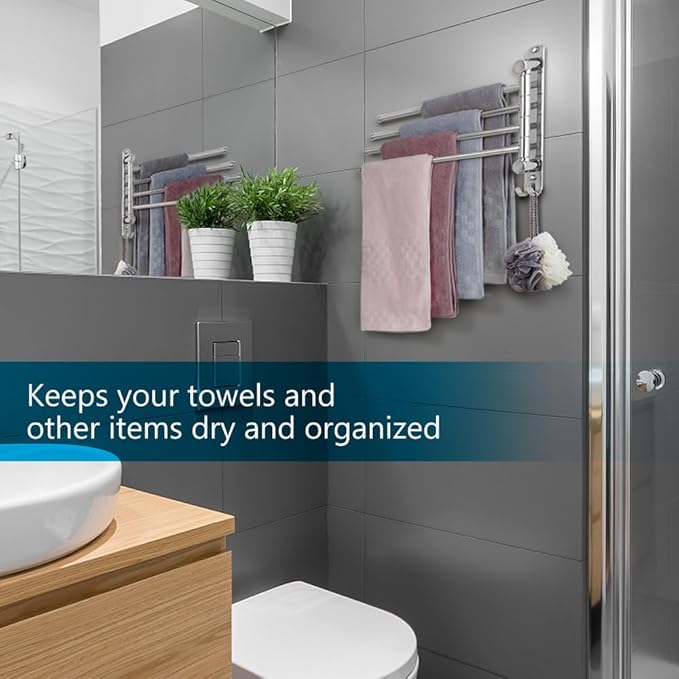 Bathroom Towel Rack JSVER Swivel 4 Arms Extended Towel Holder, SUS304 Stainless Steel Space Saving Towel Rack, Towel Racks for Bathroom, Kitchen