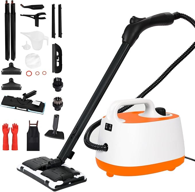 Steam Cleaner,Multipurpose Neat Canister Steamer with 21 Accessories, 5 Mins Heating with 1.5L Tank,Rolling Cleaning Machine for Carpet, Floors,Windows,Mirrors,Glass and Cars (White orange)