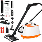 Steam Cleaner,Multipurpose Neat Canister Steamer with 21 Accessories, 5 Mins Heating with 1.5L Tank,Rolling Cleaning Machine for Carpet, Floors,Windows,Mirrors,Glass and Cars (White orange)