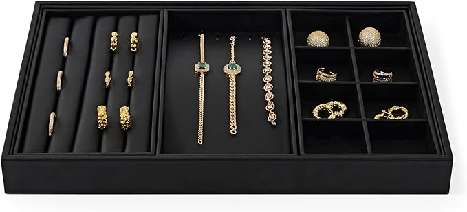 Oirlv 4 in 1 Black Premium Leather Multifunctional Jewelry Display Tray for Rings,Earrings and Bracelets Organizer and Storage