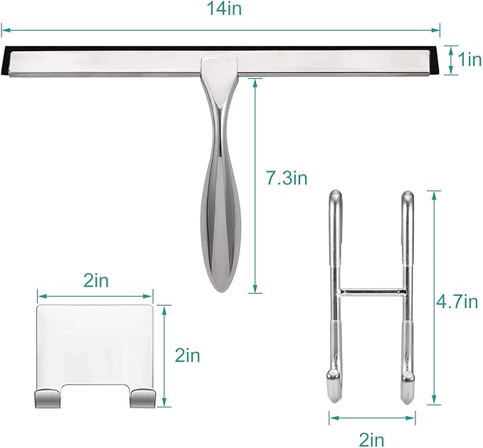 Shower Squeegee for Glass Doors,14-Inch Shower Glass Squeegee, Sliver Shower Squeegee for Shower Doors,Mirror,Windows, with Shower Door Hook and Adhesive Hook