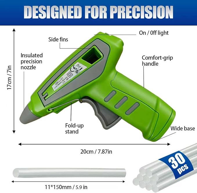 Cordless Hot Glue Gun Kit Includes 30 Hot Glue Sticks, Switch with 10W Drip-proof Design with 15-Second Fast Heating, Suitable for DIY Crafts, Fabric, Wood & Home Repairs(Green)