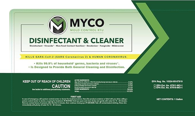 Myco Mold Control RTU – Ready-to-Use EPA-Registered Hospital Grade Disinfectant & Cleaner, Quat Formula for Mold Remediation & Bacteria Control, Commercial & Residential Use, 1 Gallon