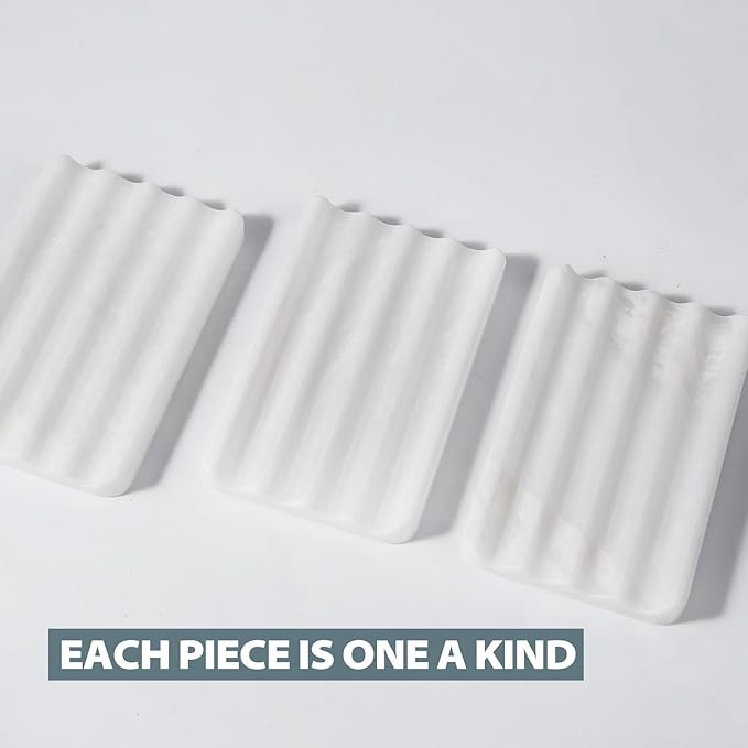 2PCS Koville African Natural Marble Soap Dish for Shower, Stone Soap Tray for Bathroom, Bar Soap Holder for Sink, Stripe Grooves Saver Keep Bars Dry Easy Clean (Namib Bianco)