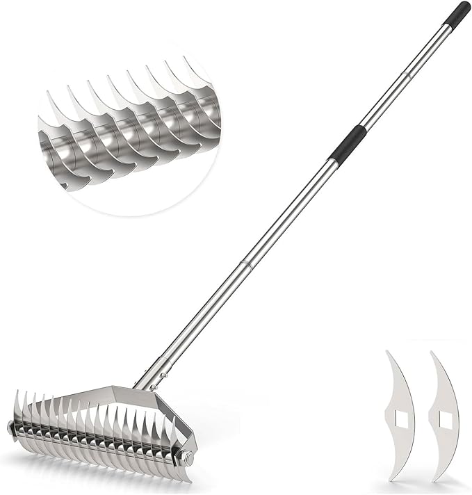 Lawn Rake for Yard, 304 Stainless Steel Thatch Rake for Lawns - Heavy Duty Dethatcher Blades with Adjustable Handle , Efficient Dethatching Rakes for Cleaning Dead Grass, Loosening Soil