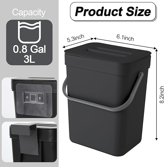 Compost Bin Kitchen, Bring 5 Rolls (100) of Garbage Bags, for Use on Countertops or Under Sinks, Hanging Trash Can with Lid, for Cupboard/Bathroom/Bedroom/Office/Camping(Black 0.8 Gallon/3L)