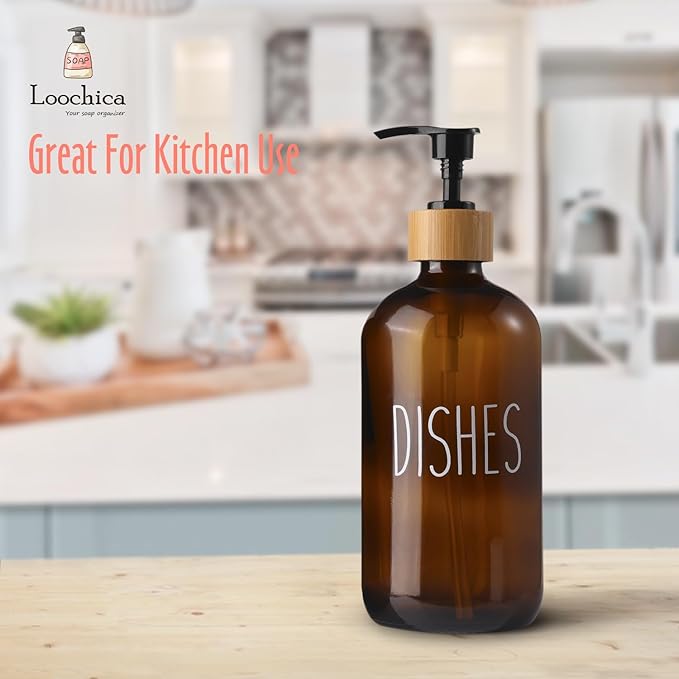Dish Amber Glass Soap Dispenser with Plastic Pump, 16 Oz Brown Dish Soap Dispenser Set Refillable Reusable Apothecary Soap Pump Dispenser Bottles for Bathroom and Kitchen