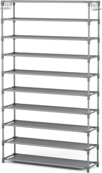 LANTEFUL 10 Tiers Shoe Rack 50 Pairs Large Capacity Tall Shoe Organizer Sturdy Shoe Storage with Two Hooks Space Saving Metal Wide Shoe Rack for Closet, Entryway, Bedroom, Grey