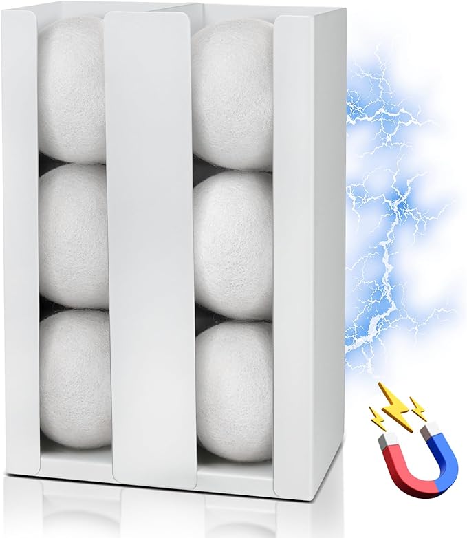 Magnetic Dryer Ball Holder - Iron Wool Dryer Balls Dispenser - laundry reusable magnetic organizer, Laundry Dryer Sheet Holder, Magnetic Laundry Balls for Dryer Basket Holder, White (No Balls)