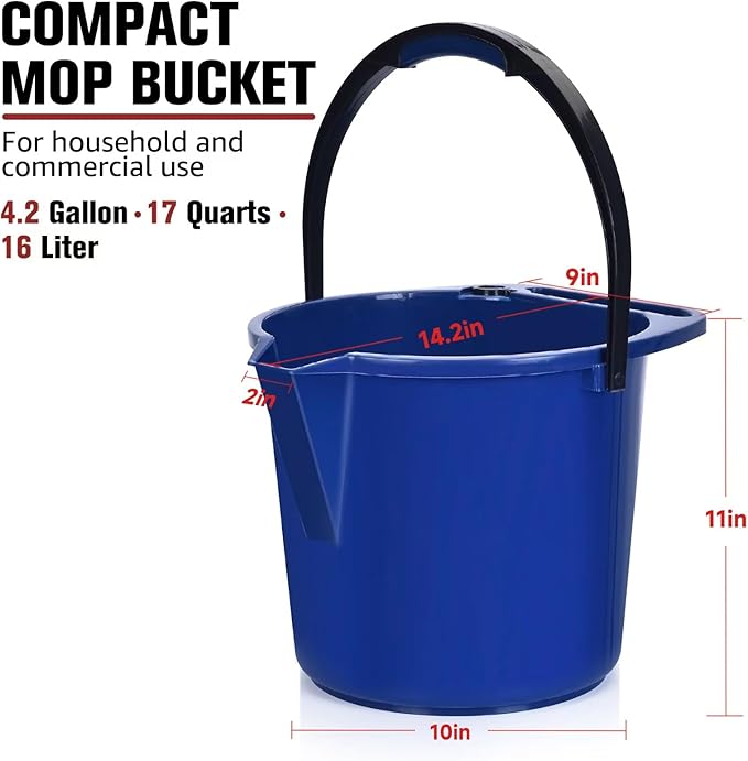Matthew Cleaning 4.2 Gallon Mop Bucket, Heavy Duty Plastic Cleaning Bucket with Built-in Pour Spout, Mop Holder and Comfort Grip Handle, House and Commercial Cleaning Supplies, 2 Pack Blue