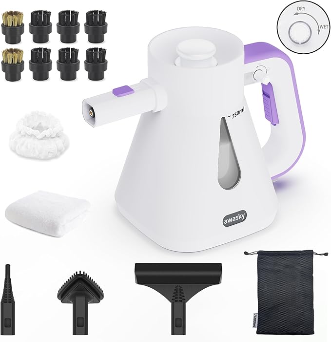 Steam Cleaner Handheld: 1200W Fast 10-Sec Heat-Up-750mL (25oz) Tank-No Cooling-Refill Anytime-Lockable Steam Trigger-14-Piece Kit Hand Held Steamer for Home Car Grout Tile Cleaning White