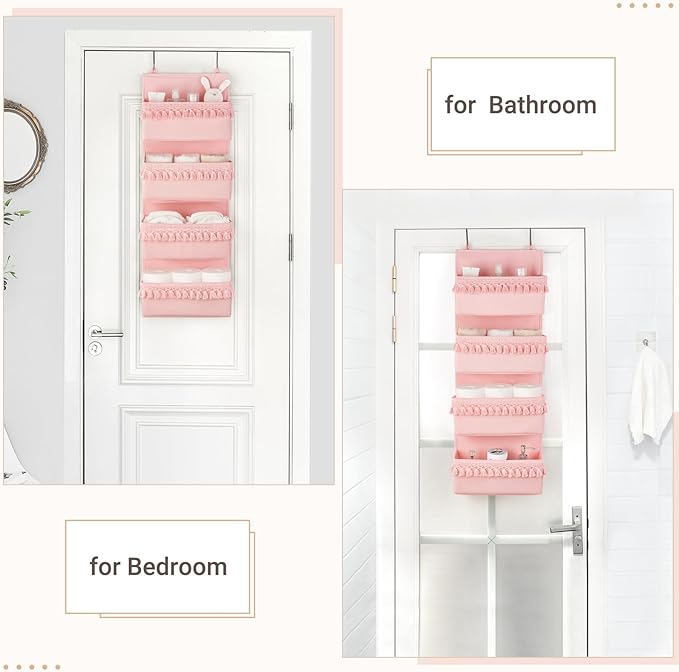 Dahey Over The Door Organizer Boho Nursery Storage Decor Closet Hanging Organizer with Tassels Decoration for Bedroom Nursery Bathroom Apartments Dorm Pantry, 4 Pockets, Pink