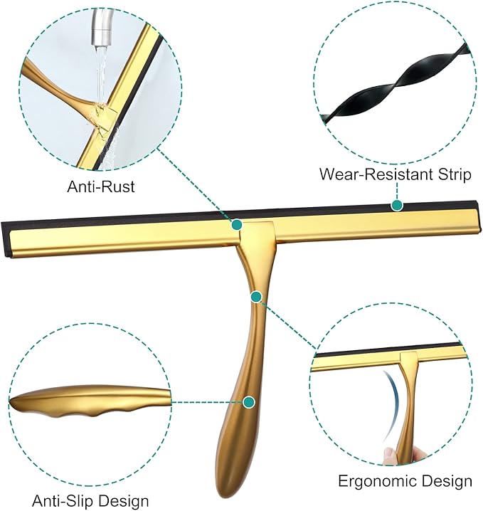 Shower Squeegee for Glass Doors,10-Inch Shower Glass Squeegee, Gold Shower Squeegee for Shower Doors,Mirror,Windows, with Shower Door Hook and Adhesive Hook