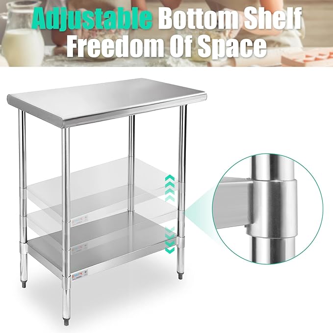 STABLEINK NSF Stainless Steel Table, 30 x 18 Inches Metal Prep & Work Table with Adjustable Undershelf, for Commercial Kitchen, Restaurant, Hotel and Garage