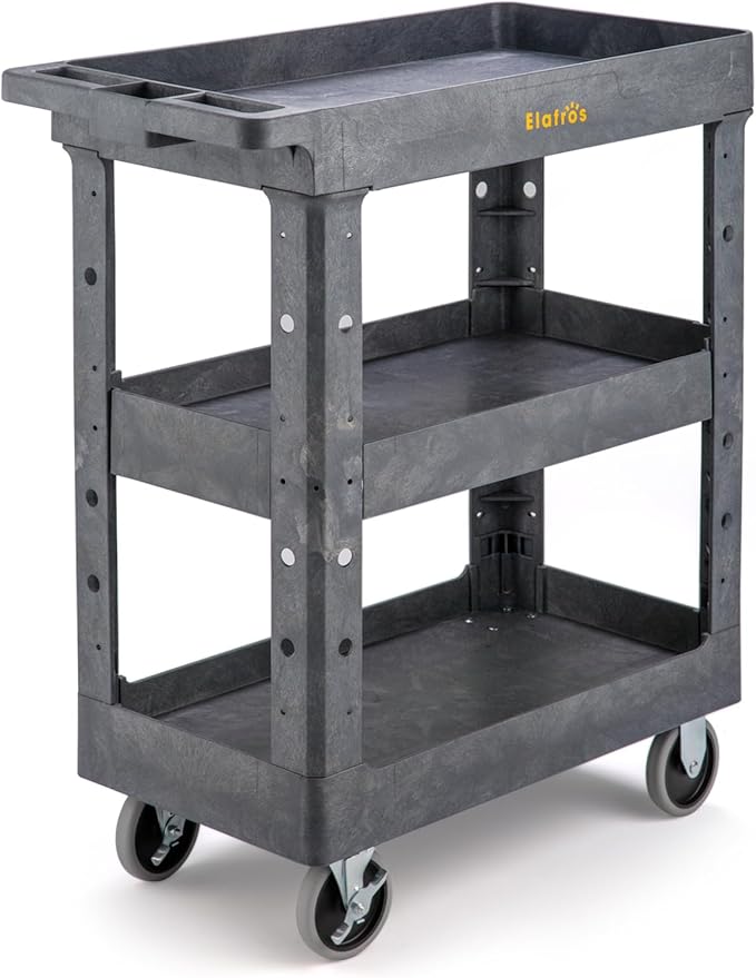 ELAFROS 3 Shelf Heavy Duty Plastic Utility Cart 34 x 17 x 38.5 Inch - Work Cart with 2 Fixed 2 Swivel Wheels and Safely Holds up to 550 lbs - 3 Tier Service Cart Deep Shelves Tool cart, Gray