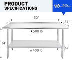 Hally Sinks & Tables H Stainless Steel Table for Prep & Work 24 x 60 Inches, NSF Commercial Heavy Duty Table with Undershelf and Backsplash for Restaurant, Home and Hotel