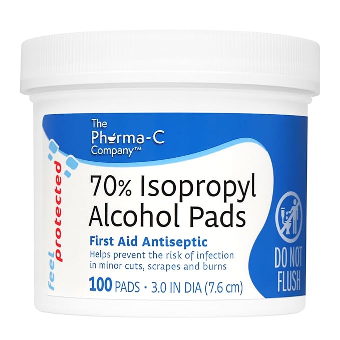 The Pharma-C Company 70% Isopropyl Alcohol Pads [100 count]. First Aid - Antiseptic Wipes - Extra Large - Alcohol for minor cuts, scrapes and burns.