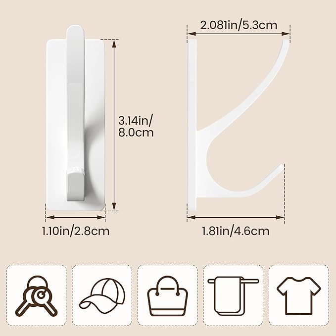 pickpiff White Self Adhesive Coat Hooks for Hanging: 13LB Extra Strong Stainless Wall Hook for Towel, Utensil, Backpack, Hat, Sturdy Metal Hanger for Bathroom, Kitchen, Door, 6 Pack
